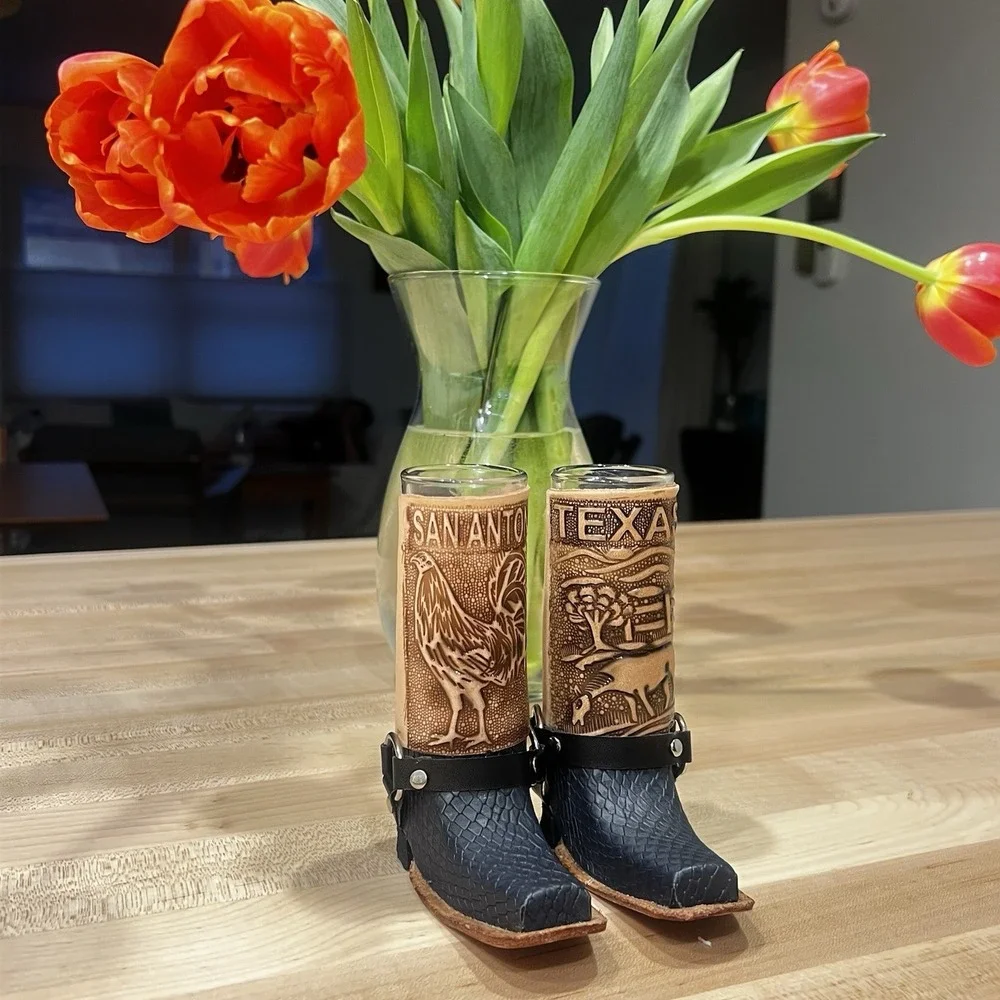 Unique Leather Boot Shot Glasses, Set Of 2, San‎ Antonio, Texas - Made In Mexico